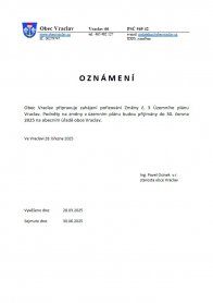 Oznámení záměru změny územního plánu obce Vraclav