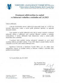Oznámení odběratelům VAKu V.M. ke změně ve fakturaci vodného od 1.4.2023
