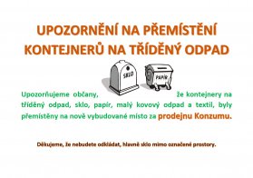 Upozornění na přemístění kontejnerů na tříděný odpad