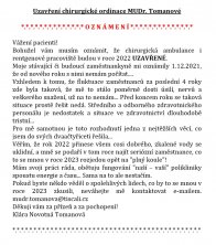 Ukončení činnosti chirurgické ambulance MUDr. Novotné Tomanové